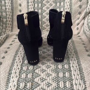 DKNY Black Suede Heeled Boots with Gold Accents
